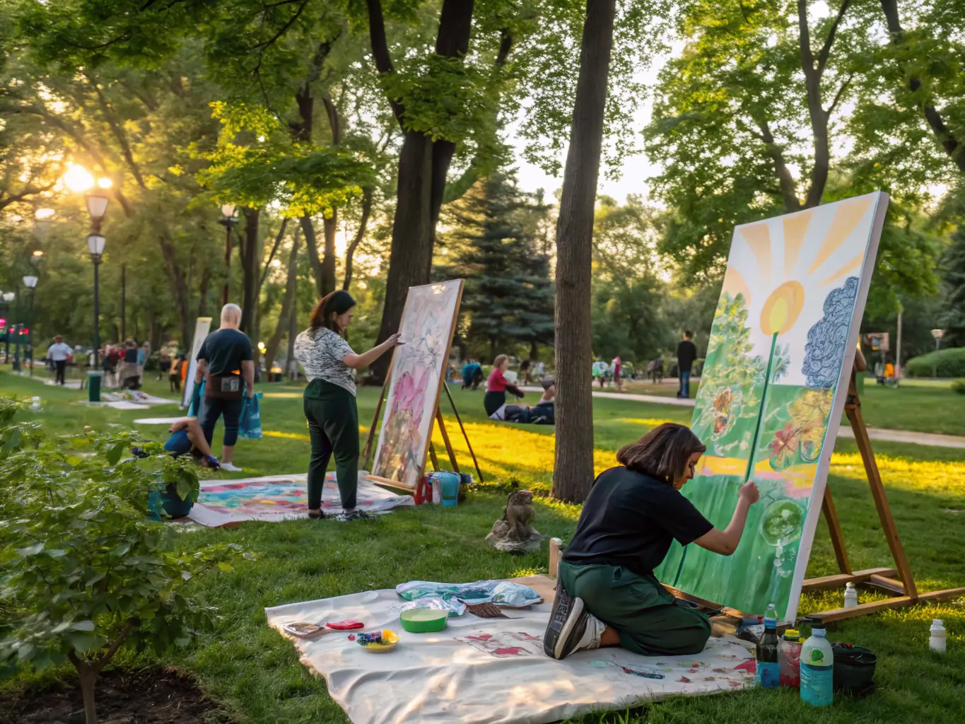 A heartwarming picture of artists engaging with community members during an outreach program, emphasizing ASSOCIATION AURAMUSIC PROD's commitment to community engagement and social impact.