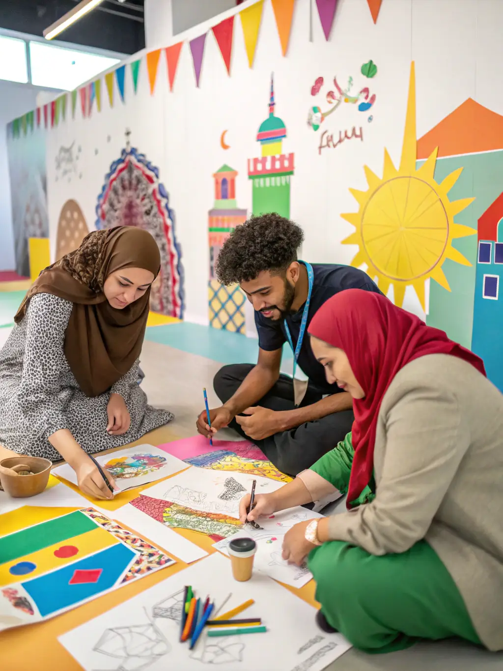 A photograph of a diverse group of artists collaborating in a workshop, showcasing the supportive environment provided by ASSOCIATION AURAMUSIC PROD.