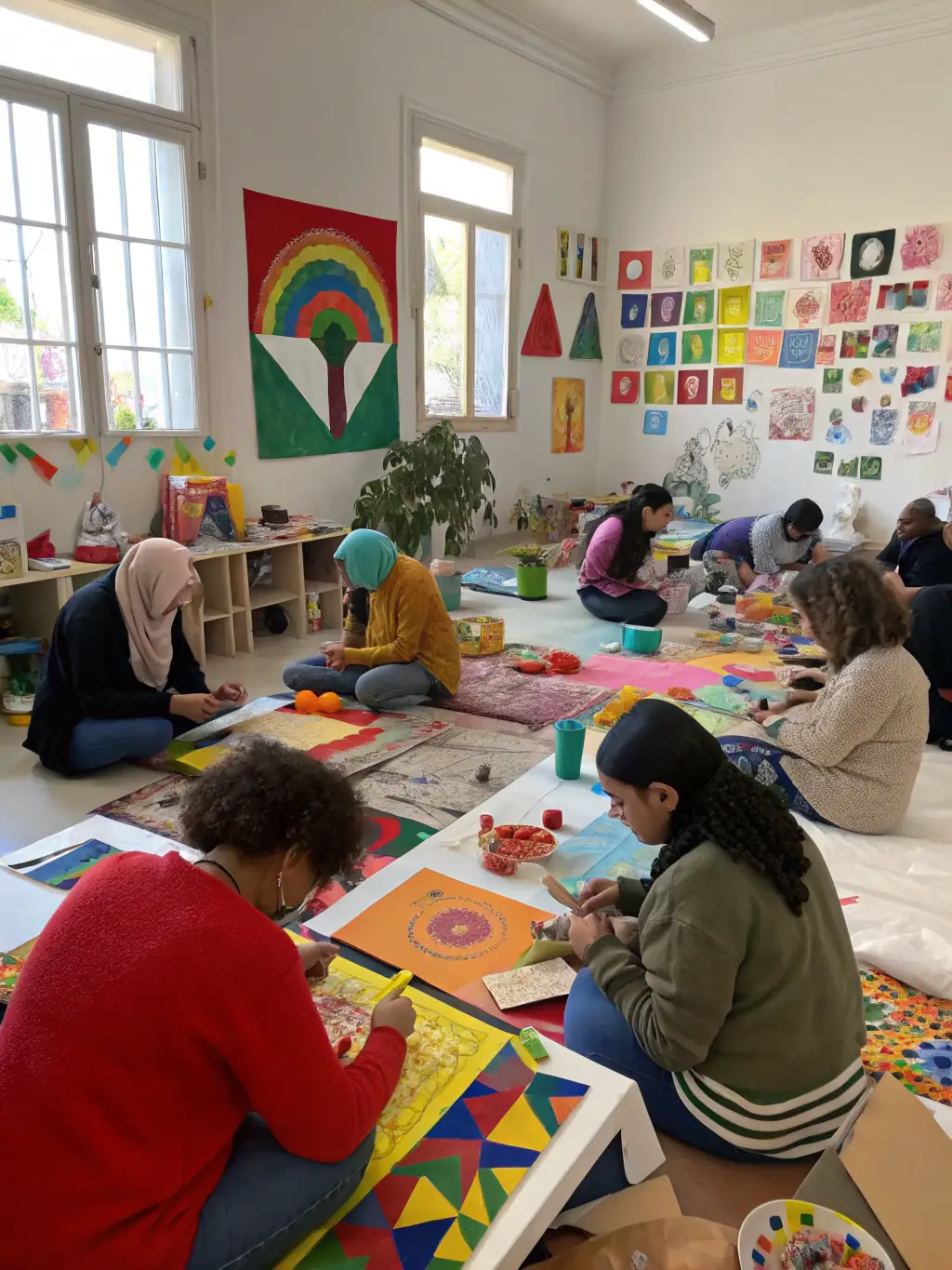 A photo of a workshop organized by ASSOCIATION AURAMUSIC PROD, showing artists learning new skills and collaborating on creative projects.