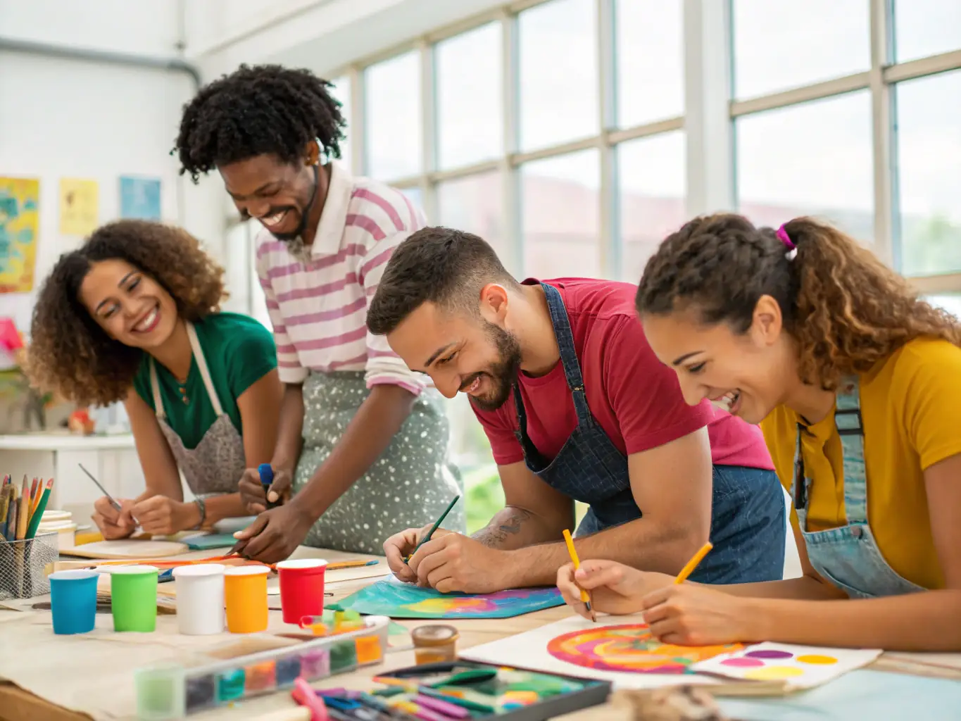 A vibrant photograph capturing a diverse group of artists collaborating in a workshop setting, showcasing the collaborative and educational aspect of ASSOCIATION AURAMUSIC PROD's programs.