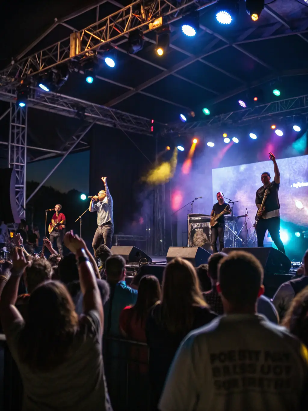 A vibrant photograph capturing a live music performance supported by ASSOCIATION AURAMUSIC PROD, showcasing diverse musicians on stage with an engaged audience.