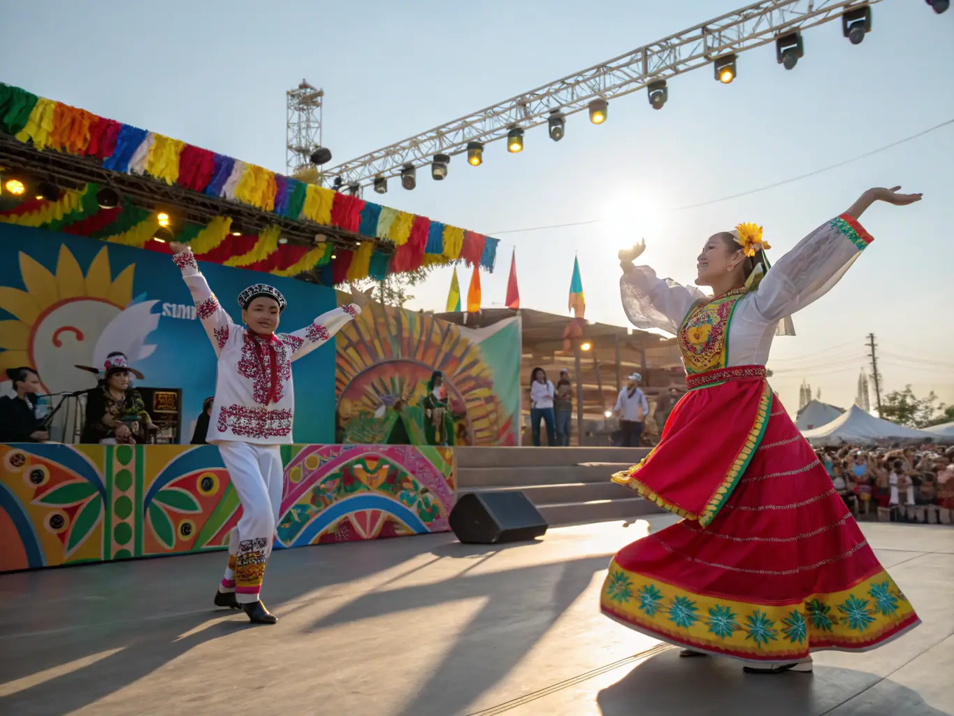 A dynamic image of artists performing at a cultural festival, highlighting ASSOCIATION AURAMUSIC PROD's role in facilitating artistic performances and cultural events.